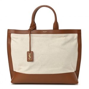 Saint Laurent Calfskin Linen Two Tone Cabas Tote Beige with YSL tag
